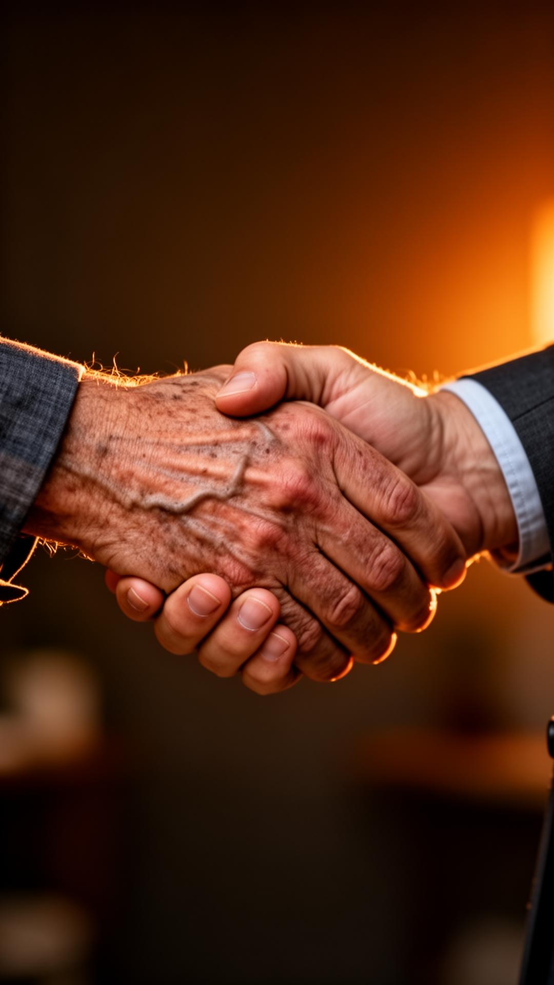 A warm, trustworthy handshake between two experienced business owners